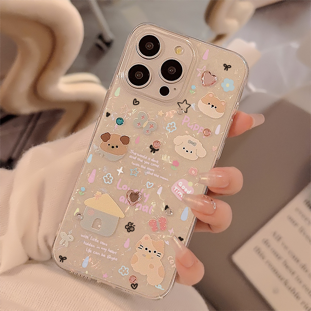 Clear Shockproof Bumper Case - かわいい漫画の子犬の貝殻柄スマホケース iPhone 11 12 13 14