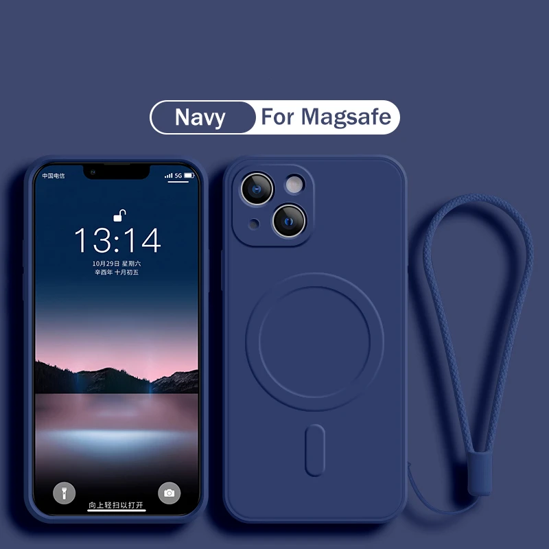 Liquid Silicone Magnetic Phone Case - iPhone 18、17、16、15、14、13、12 Pro Max Plus、13、12 Mini、16e対応、液状シリコン製、磁石内蔵、ストラップ付き、ソフトで滑り止め加工を施したスマートフォンケース。
