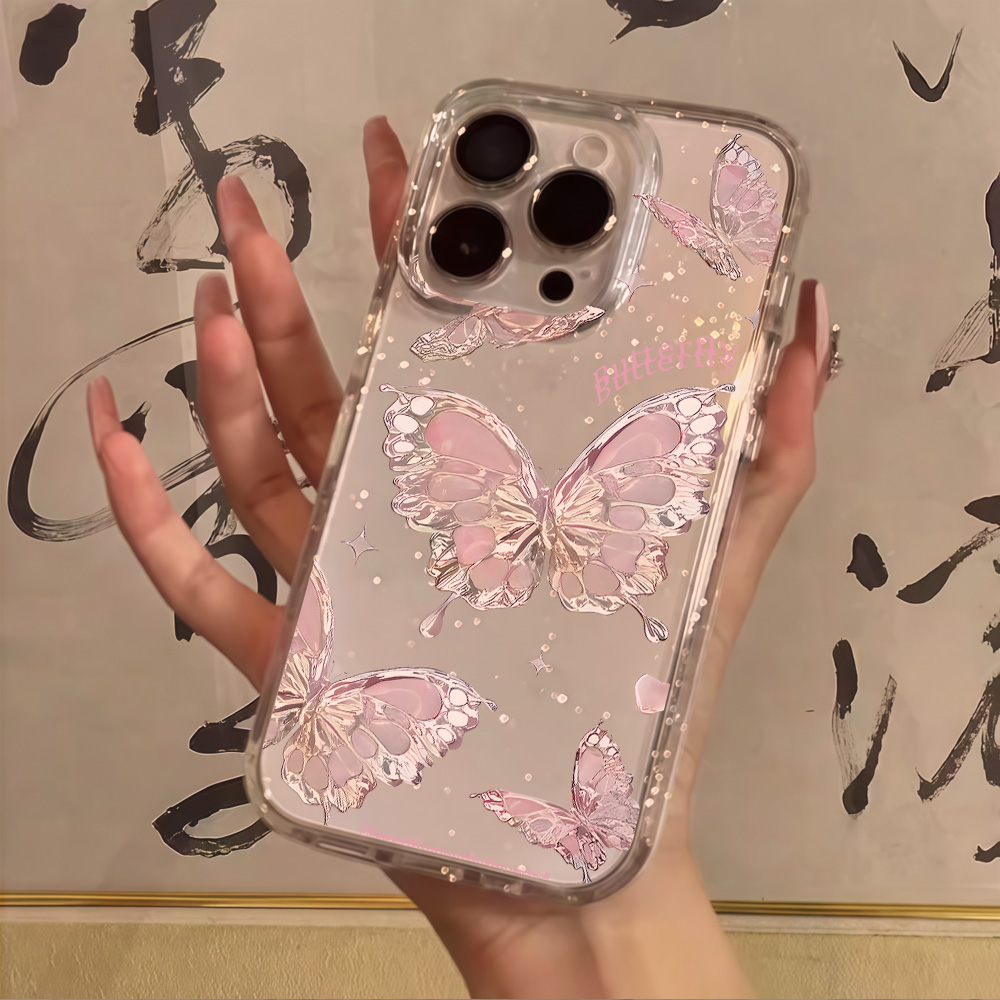 ピンクバタフライクリアグリッターフォンケース iPhone  - Clear Shockproof Bumper Case のレビューと価格