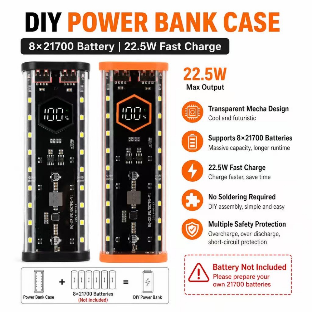8個の21700型バッテリーを収納できるケース。22.5Wの - Power Banks のレビューと価格